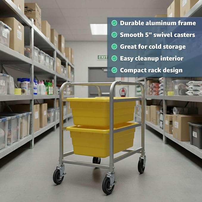 19"x26"x32" Mobile Aluminum Lug Rack with 2 Grey Meat Lugs / Tote Boxes - NSF Heavy-Duty Commercial Storage Cart, Portable Aluminum Utility Rack with Casters for Kitchen, Restaurant, or Food Prep