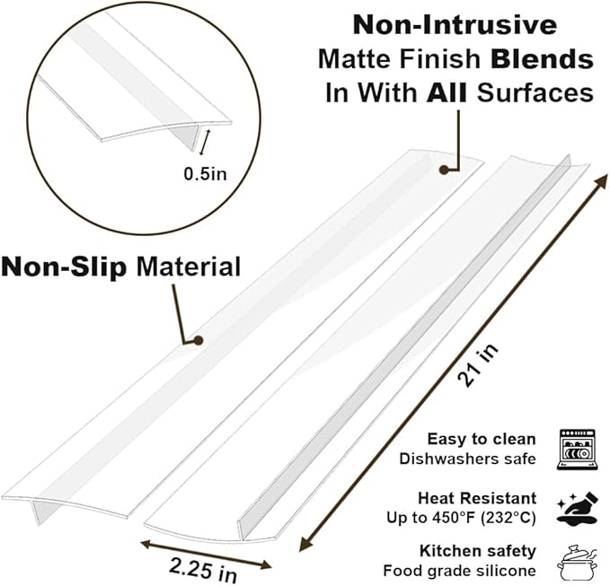 Silicone Kitchen Stove Counter Gap Covers, Kitchen Counter Gap Anti-Slip Filler Seals Spills Between Counter, Stovetop, Oven, Washer, Set of 2 (21 Inches, Clear)