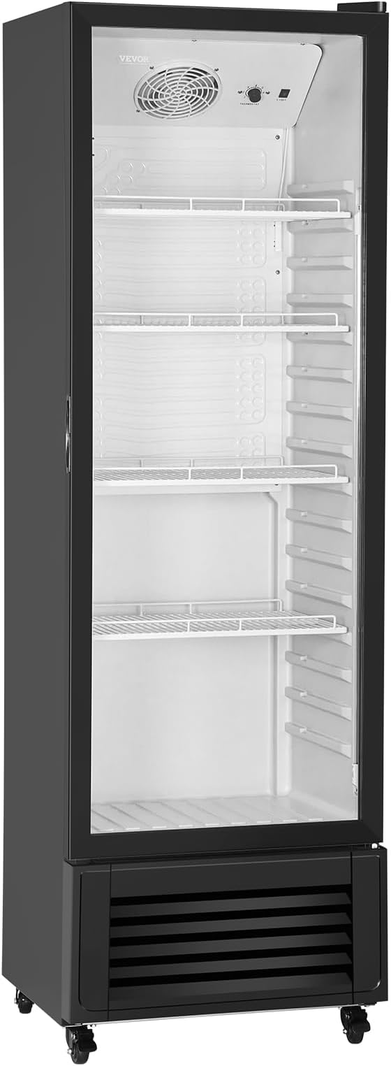 VEVOR Commercial Merchandiser Refrigerator, 11.47 CU.FT Glass Door Display Refrigerator, Upright Beverage Refrigerator Cooler Merchandiser with 4 Adjustable Shelves, Casters, Soft LED Light, Black