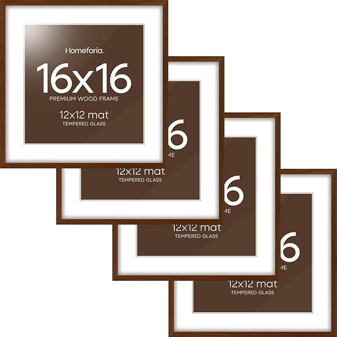 Homeforia 16x16 Brown Picture Frame, High End Dark Oak 16 x 16 Square Wood Frame with Mat 12 x 12 for Photo, 16by16 Wooden Walnut Poster Frame Matted to 12x12 Print, Tempered Glass, Wall Kit, Set of 4