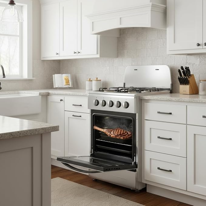 20" Free Standing Gas Stove Oven Range,4 Burner LPG Cooktop with 65L Oven, 201 Stainless Steel Body, Double Layer Mirror Surface Tempered Glass Door, Compact Design for Kitchen (LPG)