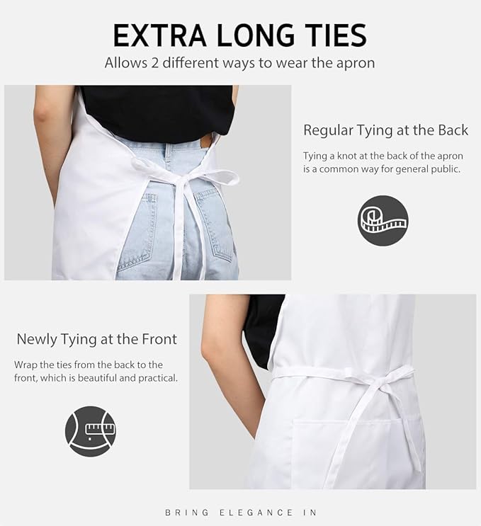 Syntus 12 Pack Bib Apron, Unisex Aprons Adjustable Thicker Version Waterdrop Resistant with 2 Pockets Cooking Kitchen Aprons for Women Men Chef, BBQ Drawing Apron Bulk, White
