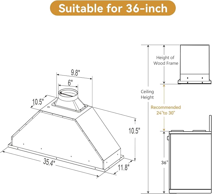 Range Hood Insert 36 Inch, Built-in Kitchen Hood with 580 CFM, 5-Layer Aluminum Mesh Filter, Ducted/Ductless Convertible Duct, Stainless Steel Kitchen Vent Hood, 3-Speed Controls, LED Lights