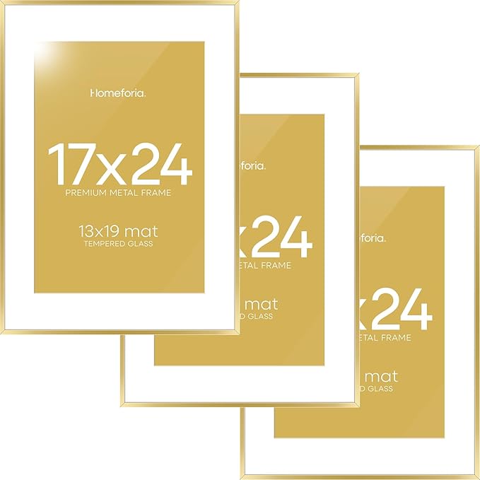 Homeforia 17x24 Picture Frame Gold, High End Metal 17x24 Poster Frames with Mat 13x19 Photo, 17 x 24 Gold Frame Matted to 13 by 19 Print, 24by17 Thin Hanging Frames, Tempered Glass, Wall Kit, Set of 3