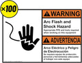 ComplianceSigns.com Warning Arc Flash and Shock Hazard English + Spanish ANSI Safety Label Decal, 5x3.5 in. 100-Pack Vinyl for Electrical, American Made Safety Signs for The Workplace