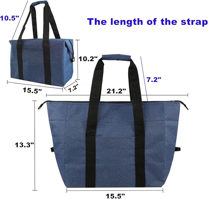 Insulated Grocery Cooler Food Bags with Zipper for Shopping, Travel, Picnic or Lunch, Alumimum Foam Tote Bag for Frozen Cold Hot Foods Delivery, Blue