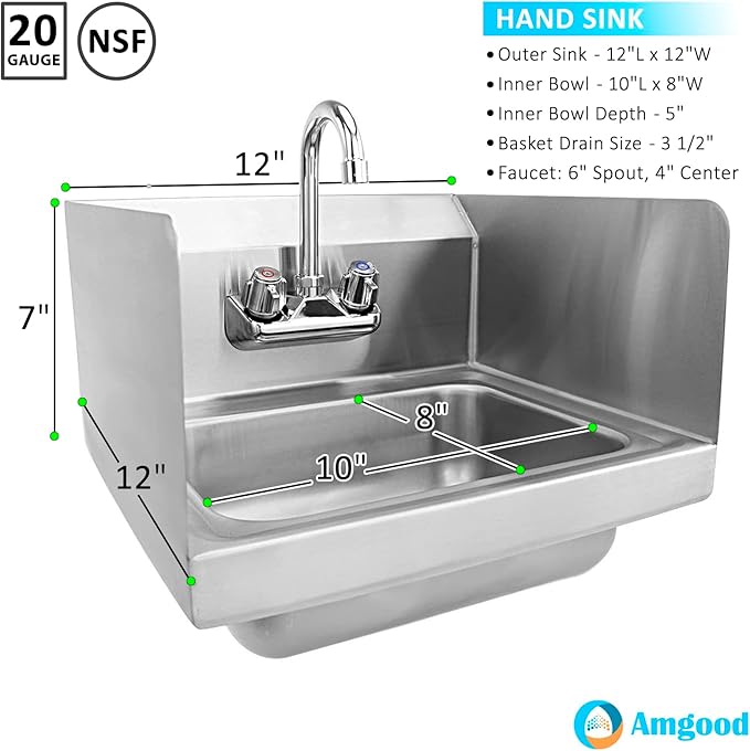 AmGood Stainless Steel Wall Mount Hand Sink with Faucet | Commercial Hand Washing Basin For Restaurant, Kitchen | NSF. (12" x 12" with Sidesplash)