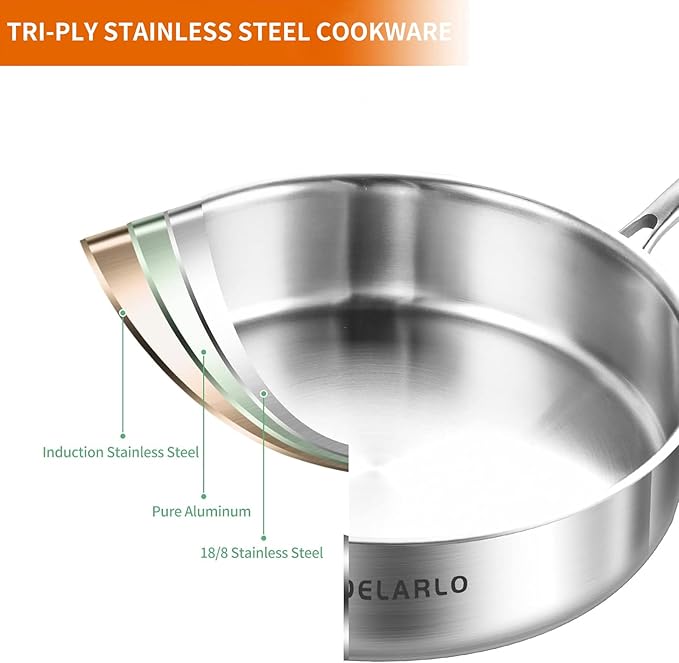 DELARLO Tri-Ply Stainless Steel Frying Pan,12 inch Skillet with Lid,6 Quart Saute Pan,Compatible with All Cooktops,Oven Up to 660℉,Chicken Fryer,Dishwasher-Friendly