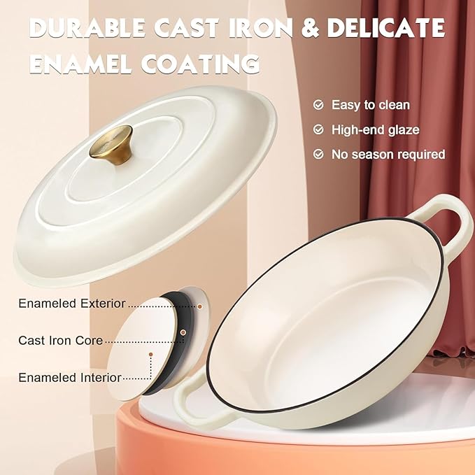 Overmont Enameled Cast Iron Dutch Oven - 3.8 Quart Dutch Oven Pot with Lid - Shallow Cookware Braising Pan - Cast iron Casserole with Cookbook & Heat-resistant Caps - Oven Safe up to 500° F