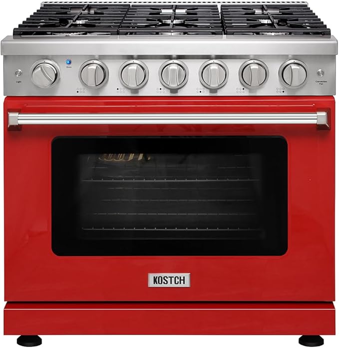 KOSTCH 36 inch Professional Freestanding Pro-Style Natural Gas Range or Liquid Propane Gas Range with 6 Burners, 6.0 cu.ft. Oven Capacity, in Stainless Steel - KOS-36RG03M (Red)