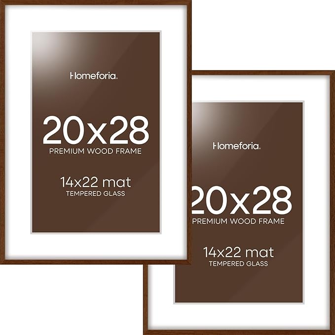 Homeforia 20x28 Picture Frame Brown, High End Dark Oak 20x28 Walnut Wooden Poster Frames with Mat 14x22, 20 x 28 Wood Frame Matted to 14 by 22, 28x20 Hanging Frames, Tempered Glass, Wall Kit, Set of 2