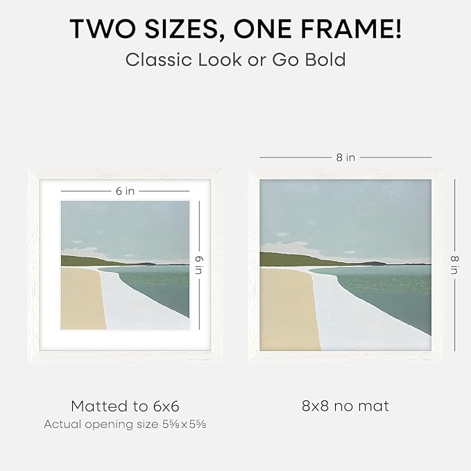 Homeforia 8x8 Picture Frames White, High-End Oak 8 x 8 Square Wood Frame with Mat 6 by 6 Photo, 8x8 Wooden Frames Matted to 6x6 Print, 8by8 Wall or Tabletop Frame, Tempered Glass, Wall Kit, Set of 2
