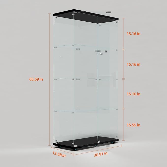 Yoluckea 4 Tiers Glass Display Cabinet with Bluetooth LED Light Strip, 2 Doors Floor Standing Curio Cabinet with Universal Wheel for Home Office Display, Black Glass Bookshelf for Collections,Wood Top