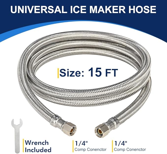 15FT Stainless Steel Braided Ice Maker Supply Line – 1/4″ Compression x 1/4″ Compression Fittings, Lead‑Free, Burst‑Proof, Universal Fit, NSF/UPC Certified, 10‑Year Warranty