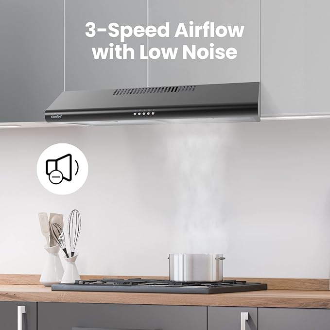 Comfee' Range Hood 30 inch, Under Cabinet Ducted/Ductless Convertible Slim Vent Hood, Durable Stainless Steel Kitchen Stove Hood, 3 Speed Exhaust Fan and 2 LED Lights Range Hood (Black)