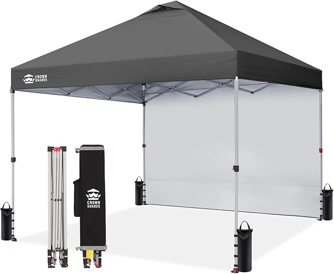 CROWN SHADES 10x10 Pop Up Canopy with 1 Side Wall - Beach Tent with One Push Setup - Outdoor Sun Shade for Events, Parties, Camping - Gazebo with STO-N-Go Cover Bag (Grid Grey)