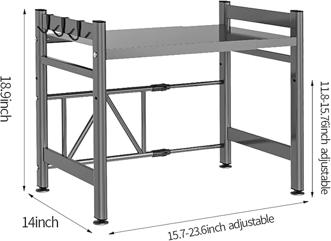 Expandable Microwave Oven Rack, Double Layer Carbon Steel Adjustable Microwave Shelf, Toaster Rack Heavy Duty Stand Kitchen Countertop Organizer, 55 lb Load Bearing, 2 Tier with 6 Hooks (Grey)