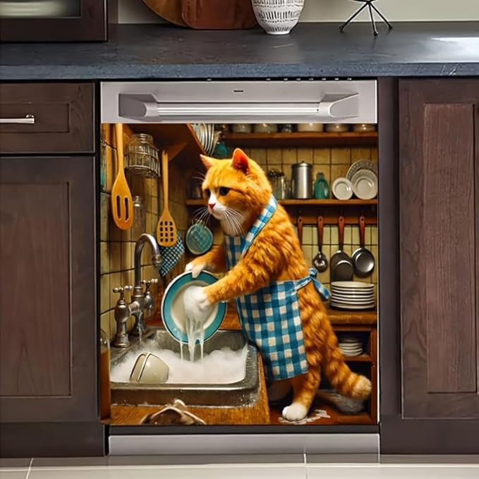 Cat Dishwasher Cover Magnet Kitchen Decor 23x26 Inch Funny Cat Dishwasher Magnet Cover Front Door Panel Decal Cover Sticker for Country Farmhouse Window Fridge Decoration