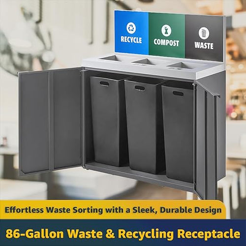 (86-Gallon) Triple Waste Recycling Station with Panel, Dark Gray Restaurant Trash Can Cabinet