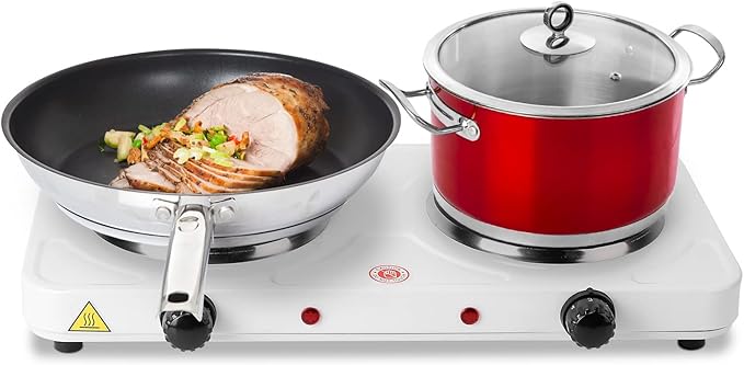 2000W Double Burner Electric, Portable Hot Plate for Cooking, Cooking Stove with 5 Temperature Adjustments, Countertop Burner Cooktop for Kitchen, Dorm (White, 17x8x3")