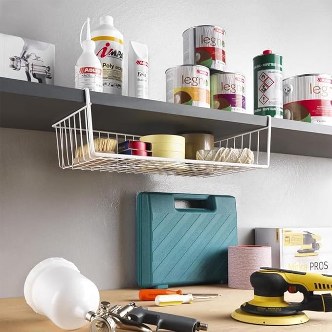 Modern Home Under Shelf Wire Storage Baskets – Hanging Organizer Rack for Cabinet, Pantry, or Closet – White Metal Basket for Kitchen, Towels, or Office – No Tools Required (Set of 2 19")