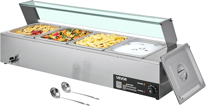 VEVOR Commercial Food Warmer, 1500W Electric Stainless Steel Steam Food Warmer with Glass Cover, 4-Pan Countertop Buffet Bain Marie with Soup & Perforated Ladles, for Catering, Restaurant & Party