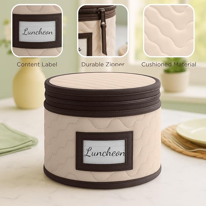 Dinner Plates Storage - Quilted Microfiber China Organizer Box with Dividers , Protects & Organizes Up to 12 Plates of 10" - Ideal for Seasonal Dishware Protection