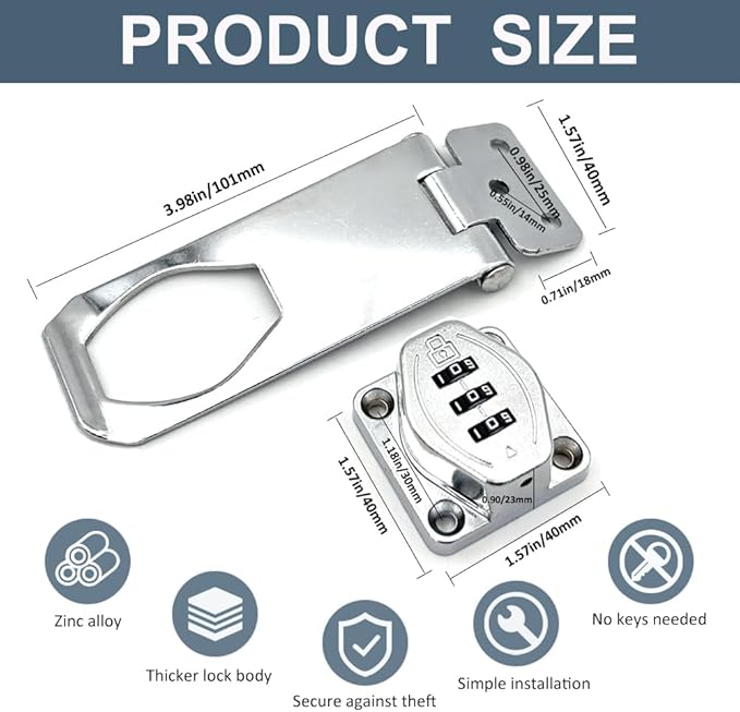 2Pcs Cabinet Password Rotary Hasp Locks,4 Inch Keyless Combination Lock for Cabinets,Gates,Doors,Closets and More (Silver)