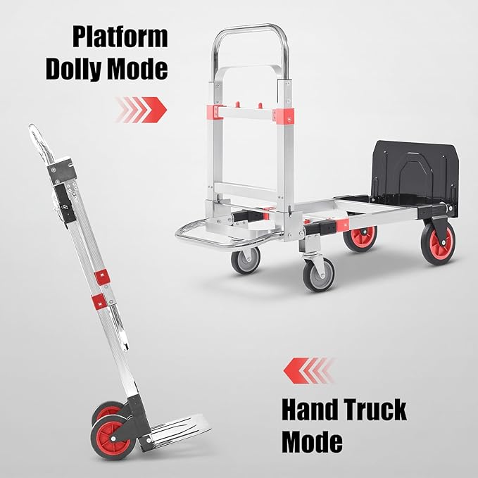 3 in 1 Folding Hand Truck Dolly Cart, Heavy-Duty Foldable and Convertible Design, Lightweight Portable Utility Cart with Rubber Wheels and Telescoping Handle for Moving, 500 lbs Capacity (Red)