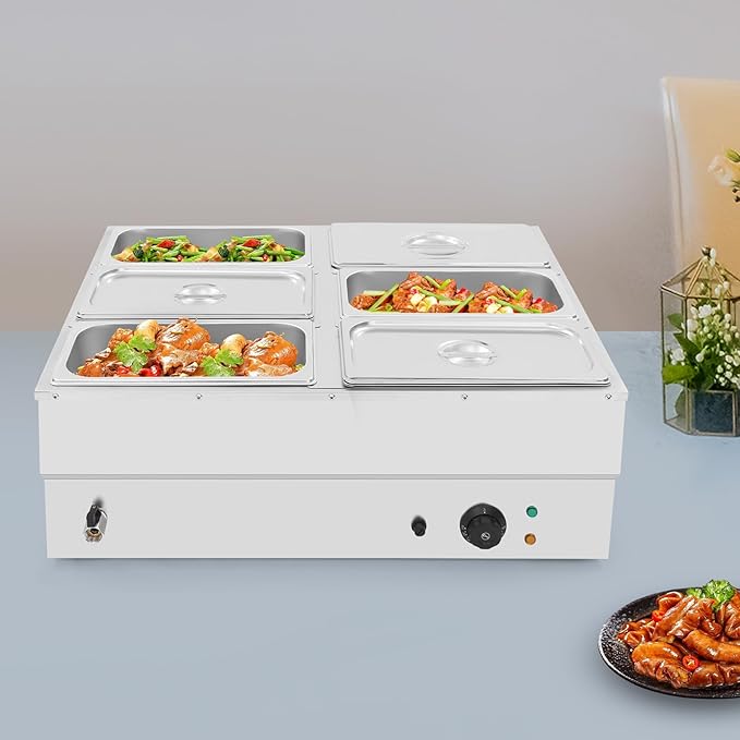 Commercial Food Warmer, 6 Pan Bain Marie Buffet Food Warmer, 42.5Qt Electric Buffet Steam Table, 1500W Stainless Steel Countertop Soup Station with Drain Tap for Catering Party and Restaurant