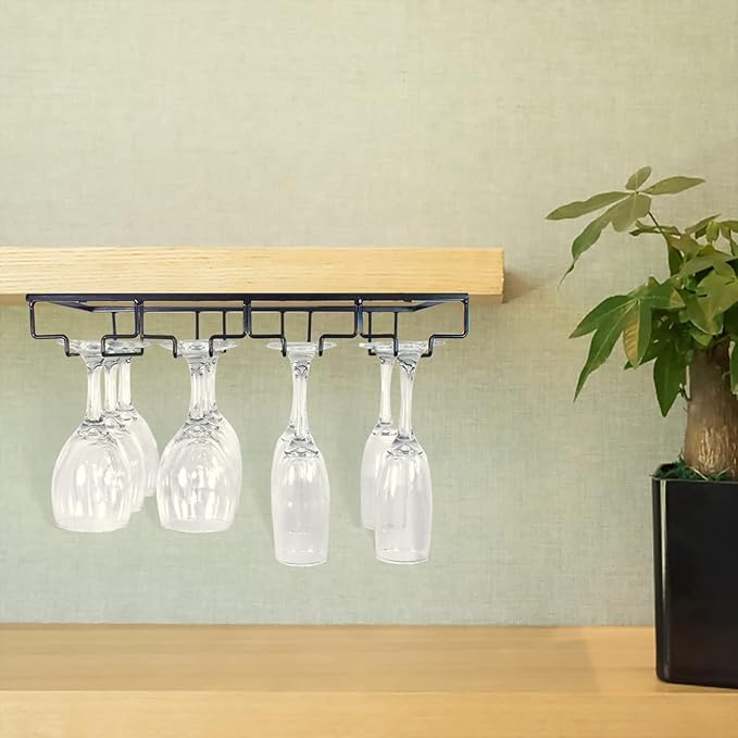 4 Rows Wine Glass Rack Under Cabinet Hanging Stemware Wine Glass Holder Under Shelf, 2 Packs Wire Wine Glasses Racks Hanger for Bar, Kitchen