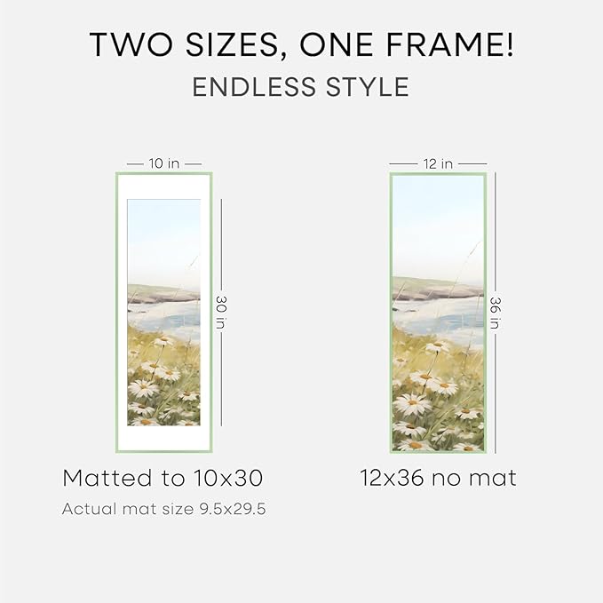 Homeforia 12x36 Sage Green Picture Frame, High End Metal 12by36 Poster Frames with Mat 10x30 Photo, 12 x 36 Green Frame Matted to 10 x 30 Art, 36x12 Panoramic Frame, Tempered Glass, Wall Kit, Set of 2