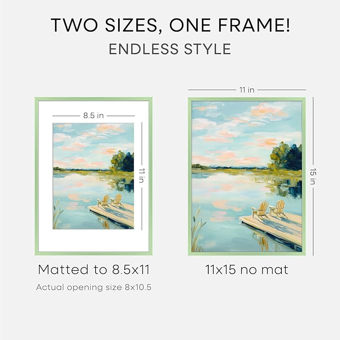 Homeforia 11x15 Picture Frame Sage Green, High End Metal 11x15 Wall Hanging Frame with Mat 8.5x11, 11 x 15 Poster Frames Matted to 8.5 x 11 inch Photo, 11by15 Frame, Tempered Glass, Wall Kit, Set of 1