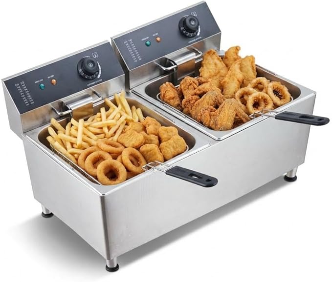 11L Electric Deep Fryer, 1700W Dual Basket Max/Min Oil Mark & Drain Valve, Heavy Duty for Fried Chicken French Fries