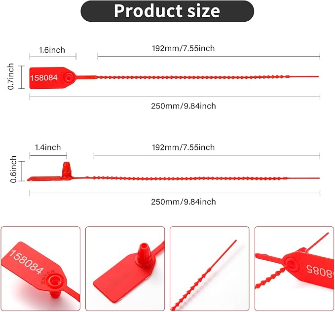 1000 Plastic Tamper Seals Fire Extinguisher Tags Numbered Zip Ties Pull Tite Security Tags Disposable Self-Locking Safety Ties (Red)