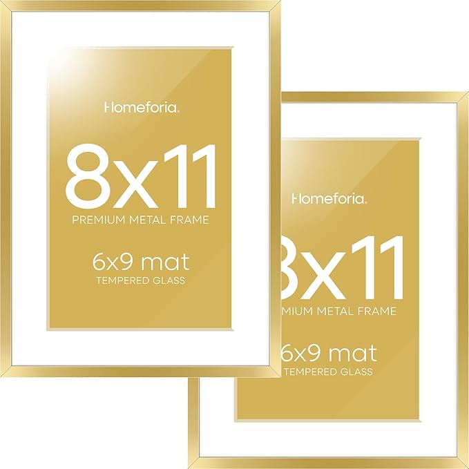 Homeforia 8x11 Picture Frame Gold, High End Metal 8 x 11 Poster Frames with Mat 6 by 9 for Photo, 11x8 Frame Matted to 6x9 inch Print, 8by11 Wall or Tabletop Frames, Tempered Glass, Wall Kit, Set of 2
