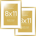 Homeforia 8x11 Picture Frame Gold, High End Metal 8 x 11 Poster Frames with Mat 6 by 9 for Photo, 11x8 Frame Matted to 6x9 inch Print, 8by11 Wall or Tabletop Frames, Tempered Glass, Wall Kit, Set of 2