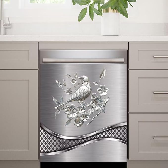 Imitation Stainless Steel Design Bird Painting Kitchen Decorative Dishwasher Cover Magnet Sticker,Fridge Panel Door,Refrigerator Decal Home Decor 23x26inch