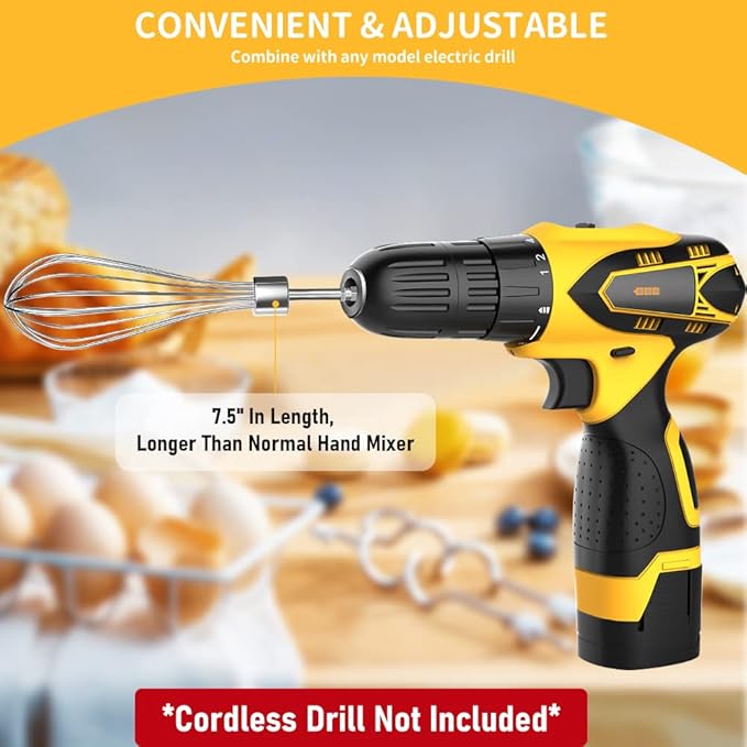 homicozy 3-Piece Stainless Steel Hand Mixer Attachment Set - Whisk, Dough Hook, Egg Beater for Drills - Dishwasher Safe, 7.5 Inch (Drill Not Included)