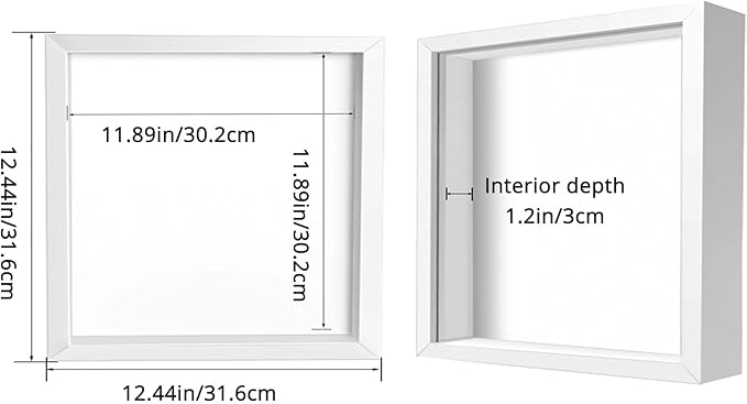 12x12 Shadow Box Frame Display Case, Wood with Plexiglass, Display Case Box for Memorabilia, Medal, Crafts,Tickets and Photos, Picture Frame for Wall and Tabletop (White, 12x12)