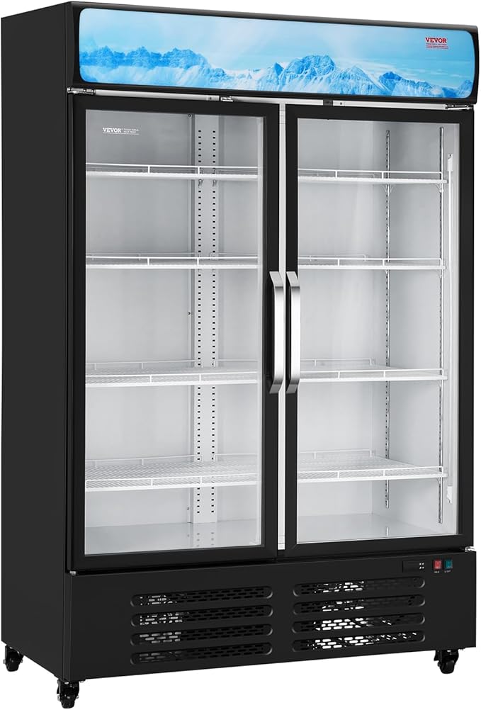 VEVOR Commercial Merchandiser Refrigerator, 36.27 CU.FT Upright Beverage Cooler, 2 Glass Door Display Refrigerator with 8 Adjustable Shelves, Soft LED Light, Customizable Lightbox, Casters, Black