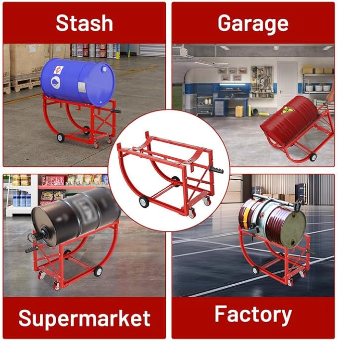 55 Gallon Drum Cradle, 600 lbs Capacity Steel Drum Dolly with Wheels, Drum Rack with Retractable Dump Bar, Movable Drum Handling Cradle for Factory, Workshop, Garage, Warehouse, Red