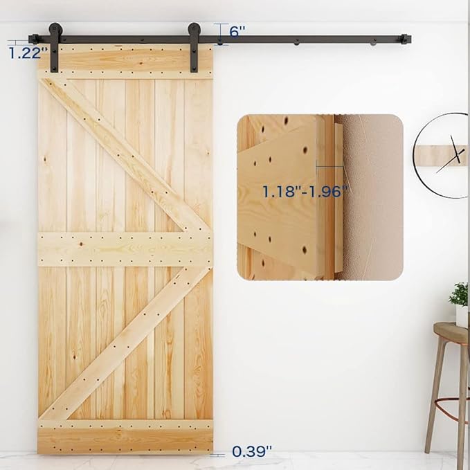 CCJH 14FT Single Sliding Barn Door Hardware Kit Black Carbon Steel Hanger Flat Track System for Closet Kitchen 1 Door 84 inch Wide, Smoothly and Quietly I Shape Roller