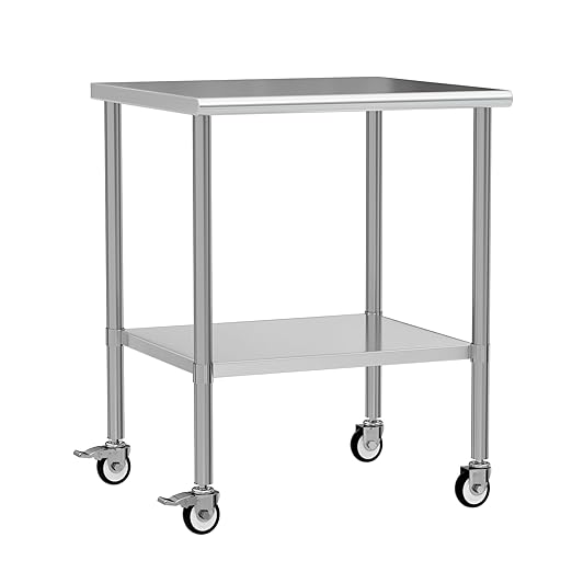 Stainless Steel Work Table with Wheels, 30x30 Inch NSF Kitchen Prep Table with Adjustable Undershelf for Commercial Restaurant, Garage, Outdoor BBQ