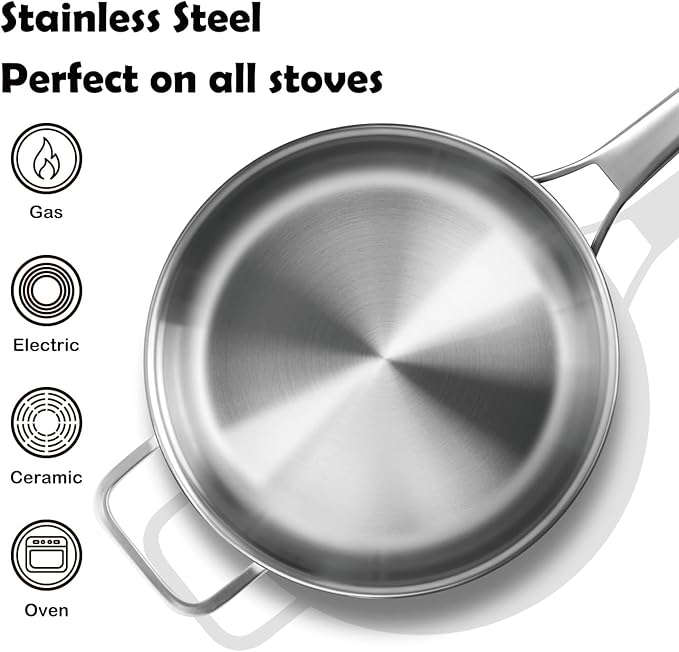 6-Quart Stainless Steel Saute Pan with Lid, 12-Inch Skillet, Dishwasher & Oven Safe, Works on All Cooktops
