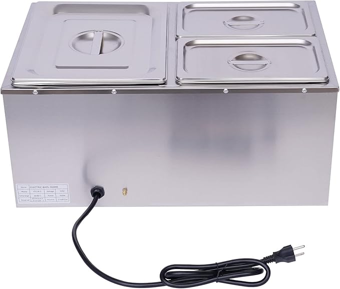 3-Pan Commercial Steam Table, Electric Bain Marie Food Warmer 600W Stainless Steel Countertop Buffet Food Warmer Container 21.6Qt with Lid and Tap for Catering, Restaurant, Buffets
