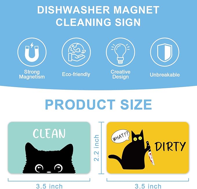 Funny Black Cat Cartoon Clean Dirty Dishwasher Magnet, Washing Machine Magnets Flip, Cute Cat Refrigerator Clean Dirty Sign, Double Sided Reversible Non Scratch Dish Washer Magnet Sign (Green&Yellow)