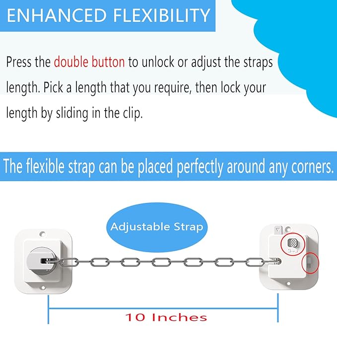 YEYA Upgraded Anti-Tip No Drill Furniture Anchor with Strong 3M Adhesive Backing 10" Adjustable Steel Cable Straps, Baby Proofing Wall Anchors for Child Safety, Playroom Essentials 4P