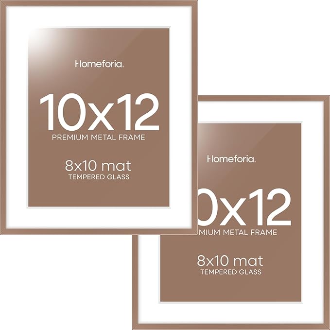 Homeforia 10x12 Picture Frame Mocha, High End Metal 10x12 Poster Frames with Mat for 8x10, 10 x 12 Mocha Frame Matted to 8 x 10 inch Photo, 10by12 Thin Hanging Frames, Tempered Glass, Wall Kit, Set of 2
