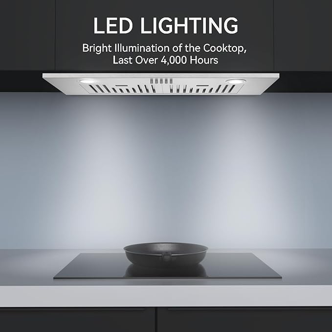 Hermitlux 30 inch Built-in/Insert Range Hood, 600 CFM 3 Speed Vent Hood, Ducted/Ductless Convertible, Stainless Steel Range Hoods with Bright LED Light, Baffle Filters and Charcoal Filters